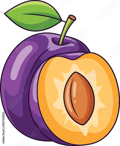 Purple plum with green leaf and cut half showing orange pulp and brown pit fruit 1