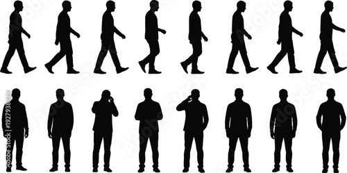  Collection of Black Vector Silhouettes of Men Walking and Standing in Various Poses Isolated on White Background for Urban Architectural Visualization and Graphic Design Projects