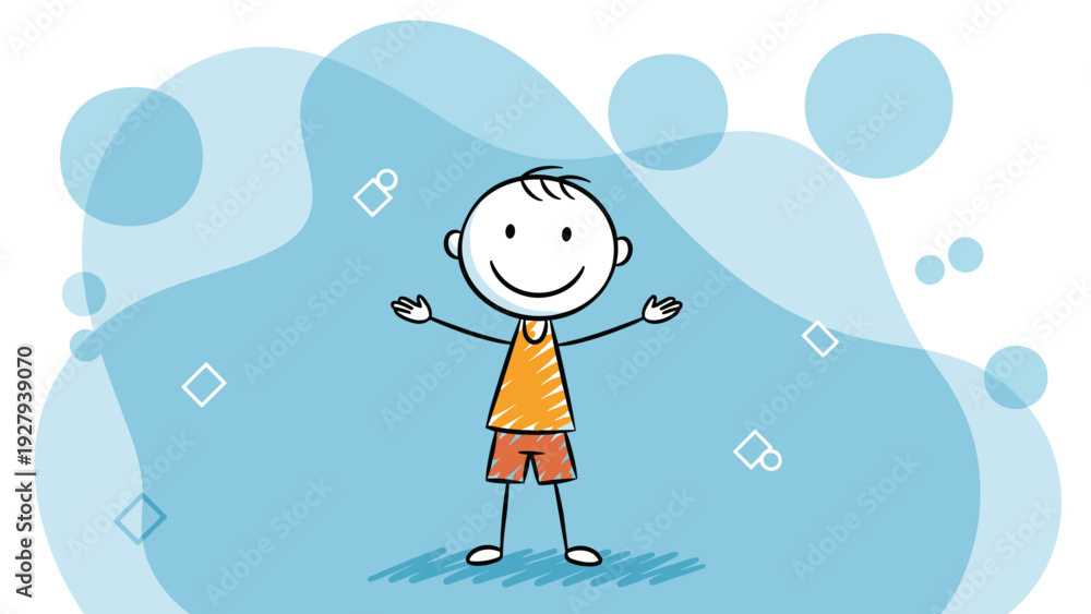 Obraz premium Playful stick figure illustration of a happy boy with open arms in a orange shirt and red shorts on a blue abstract background.