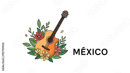 Acoustic guitar surrounded by colorful blooming flowers and green leaves with the text Mexico celebrating mexican music and culture.