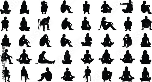 Large collection of black human silhouettes sitting in various poses including meditating yoga figures on floor chairs and pensive people isolated on white background