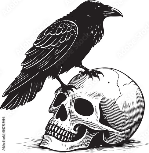 Death: Raven perched on human skull Gothic Hand-drawn Sketch Drawing Vector Illustration, Line Linear Symbol Black and White Engraving, Isolated