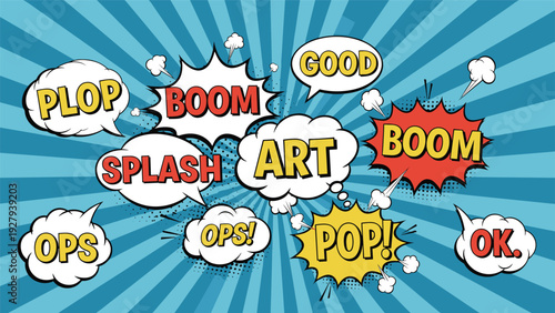 Collection of colorful comic book speech bubbles and starbursts featuring sound effects like boom, splash, pop, and plop words.