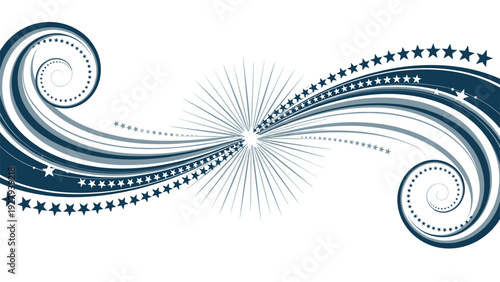 Decorative blue and white background featuring elegant swirly waves and trails of stars for celebratory and patriotic designs.