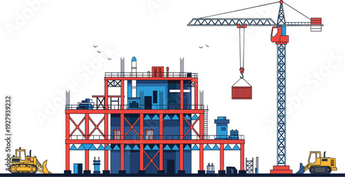 Industrial building construction site with tower crane and heavy machinery vector illustration