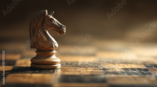 Wooden chess knight piece on a rustic chessboard with dramatic lighting highlighting the intricate details