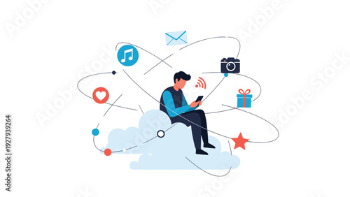 Man sitting on a fluffy blue cloud while using a smartphone surrounded by icons representing music, mail, and social media.