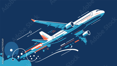 Large commercial airplane taking off into a dark blue sky with abstract motion lines and artistic white and orange accents.