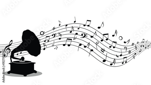 Vintage gramophone silhouette with a flowing staff of musical notes and symbols emerging from the horn on a white background.