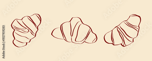 Croissant vector hand drawn illustration in vintage style, scratch board, brown and beige hand drawn image, sketch bakery for menu, logo. Vector illustration.