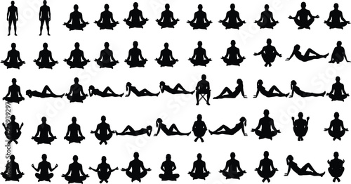 Large collection of black silhouettes featuring men and women in various yoga poses meditation lotus positions and reclining relaxation postures isolated on a white background