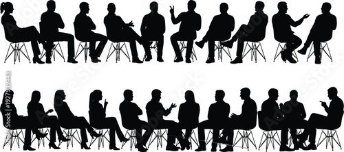 Large collection of black silhouettes featuring men and women sitting in modern chairs while talking and gesturing isolated on white background for social design