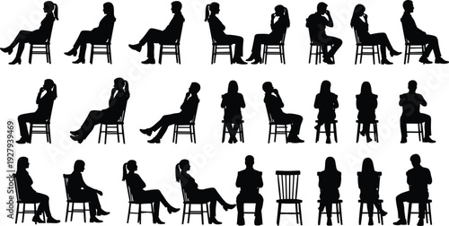 Large Collection of Black Vector Silhouettes of People Sitting on Chairs Isolated on White Background for Interior Design Projects Architectural Visualization and Graphic Presentation Assets