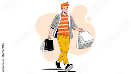 Smiling man in orange pants happily carries shopping bags after a successful retail outing, vibrant flat illustration.