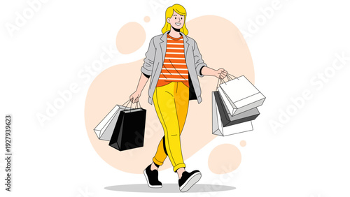 Joyful woman with blonde hair in yellow pants carries shopping bags, celebrating successful retail therapy, modern flat illustration.