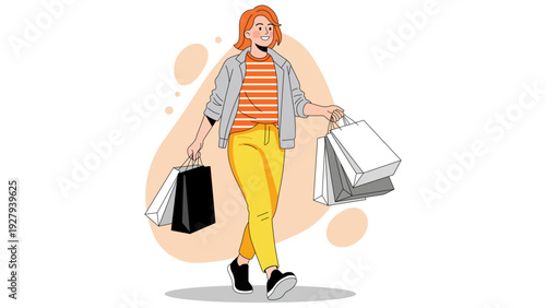 Energetic woman with short red hair and yellow pants carries shopping bags, embodying the excitement of a successful shopping spree, modern flat illustration.