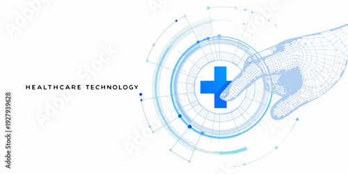 Digital hand interacting with a blue medical cross interface