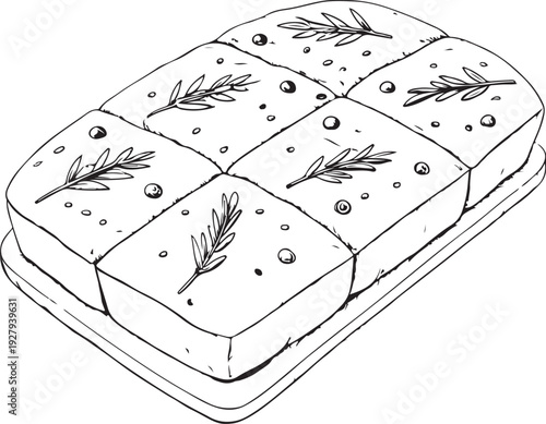 Focaccia Hand-drawn Sketch Drawing Vector Illustration, Line Linear Symbol Black and White Engraving, Isolated