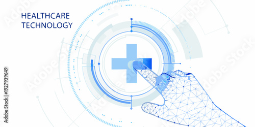 Digital healthcare technology concept with a hand interacting with a glowing interface