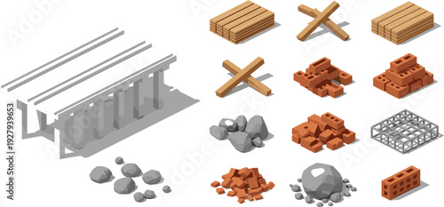 Isometric construction materials and structural elements set with beams, bricks, stones and reinforcement