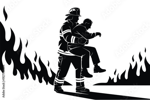 A firefighter bravely carries a person to safety amidst intense flames