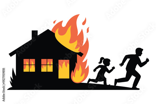 Family fleeing a burning house depicted in a stark graphic illustration