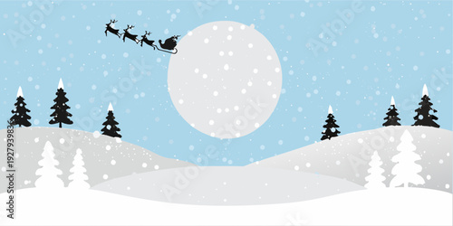 Santa claus and his reindeer fly past a large white rounded shape