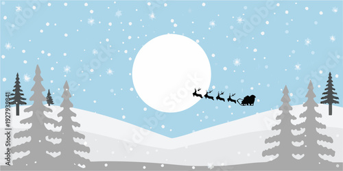 Santa claus and reindeer fly across a winter landscape with a full moon