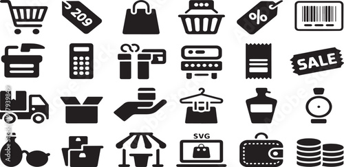 Collection of various ecommerce and shopping icons including shopping carts and discount tags