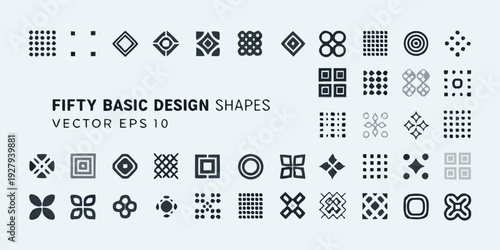 Collection of fifty basic geometric design shapes in black and white
