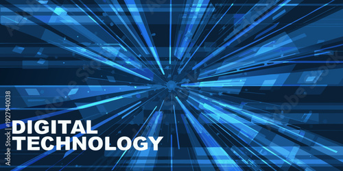 Abstract blue burst with radiating lines and the word digital technology