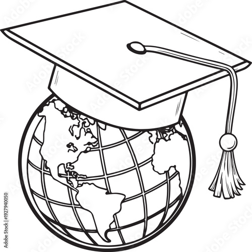 Graduation cap adorning world globe - global education Hand-drawn Sketch Drawing Vector Illustration, Line Linear Symbol Black and White Engraving, Isolated