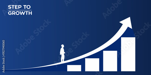 Step to growth a person climbing a bar graph arrow