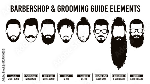 Men’s Beard and Hair Vector Set – Stylish Male Grooming Icons Featuring Diverse Facial Hair and Haircuts for Barber Branding, Fashion Graphics, and Design Projects