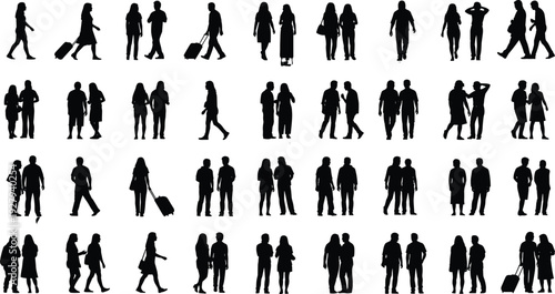 Large Set of Black Vector Silhouettes of People Walking Standing in Couples and Traveling with Suitcases Isolated on White Background for Urban Architectural Visualization Projects