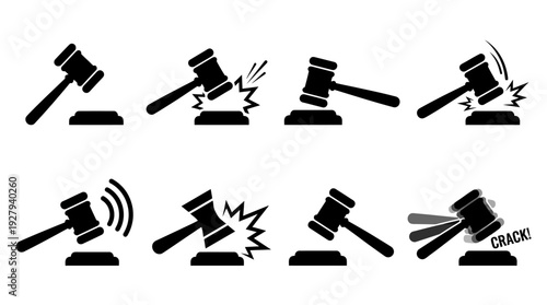 Gavel Icon Vector Set – Legal Symbols Depicting Courtroom Action, Justice, and Verdicts for Law Firm Graphics, Judicial Posters, and Legal Design Projects