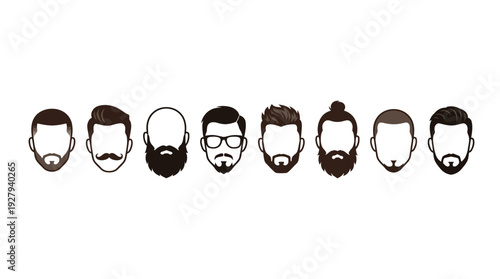 Men’s Beard and Hair Vector Set – Stylish Male Grooming Icons Featuring Diverse Facial Hair and Haircuts for Barber Branding, Fashion Graphics, and Design Projects