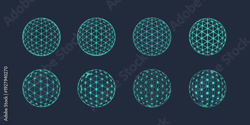 Abstract arrangement of glowing teal polygonal oval shapes against a dark background