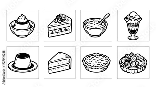 Dessert Icon Vector Set – Hand-Drawn Illustrations of Cakes, Puddings, Tarts, and Bowls for Bakery Branding, Menu Graphics, and Culinary Design Projects