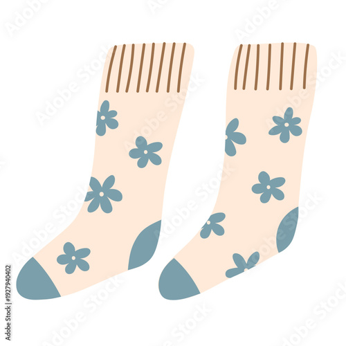 Long socks with minimal floral pattern. Cozy fashion illustration for autumn outfits, lifestyle designs and seasonal visuals. Hand drawn vector illustration.