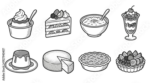 Dessert Icon Vector Set – Hand-Drawn Illustrations of Cakes, Puddings, Tarts, and Bowls for Bakery Branding, Menu Graphics, and Culinary Design Projects