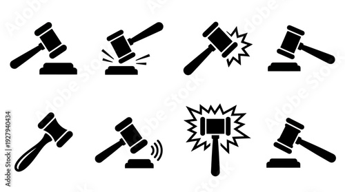 Gavel Icon Vector Set – Legal Symbols Depicting Courtroom Action, Justice, and Verdicts for Law Firm Graphics, Judicial Posters, and Legal Design Projects