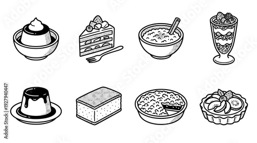 Dessert Icon Vector Set – Hand-Drawn Illustrations of Cakes, Puddings, Tarts, and Bowls for Bakery Branding, Menu Graphics, and Culinary Design Projects
