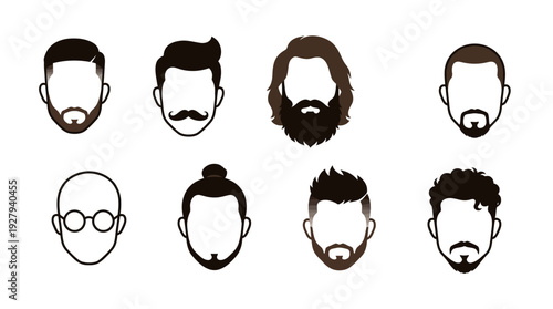 Men’s Beard and Hair Vector Set – Stylish Male Grooming Icons Featuring Diverse Facial Hair and Haircuts for Barber Branding, Fashion Graphics, and Design Projects