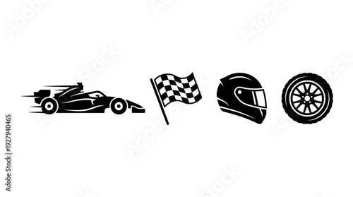 Formula 1 Racing Icon Vector Set – Speed Car, Helmet, Tire, and Checkered Flag Symbols for Motorsport Graphics, Race Posters, and Automotive Design Projects