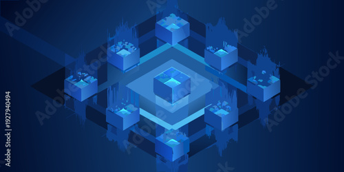 Abstract geometric composition with glowing blue cubes and digital effects
