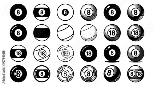 8-Ball Icon Vector Set – Diverse Billiards Symbols Featuring Classic Pool Ball Designs for Game Graphics, Sports Posters, and Recreational Design Projects