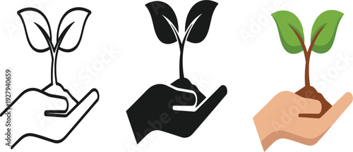Plant growth care icon set with hands holding seedlings in line, solid and colored styles