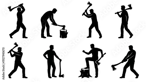 Lumberjack Silhouette Vector Set – Dynamic Axe Poses Depicting Woodcutting Action for Outdoor Adventure Graphics, Forestry Posters, and Rugged Lifestyle Design Projects