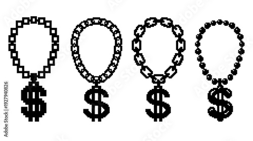 Dollar Sign Chain Vector Set – Hip-Hop Style Jewelry Icons Featuring Bold $ Pendants for Urban Fashion Graphics, Rap Posters, and Streetwear Design Projects